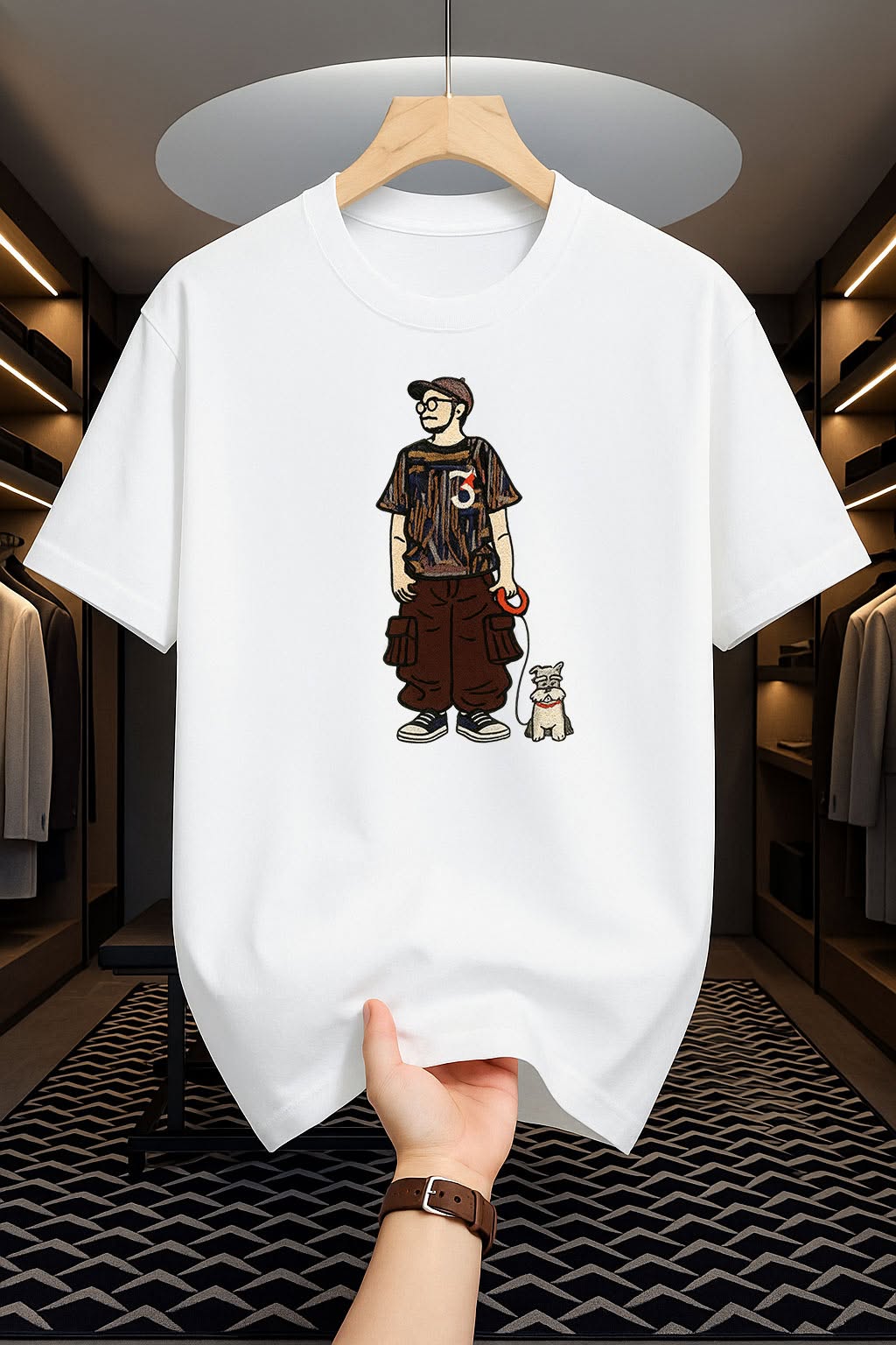 Drop Shoulder White T-Shirt - Design with Dog