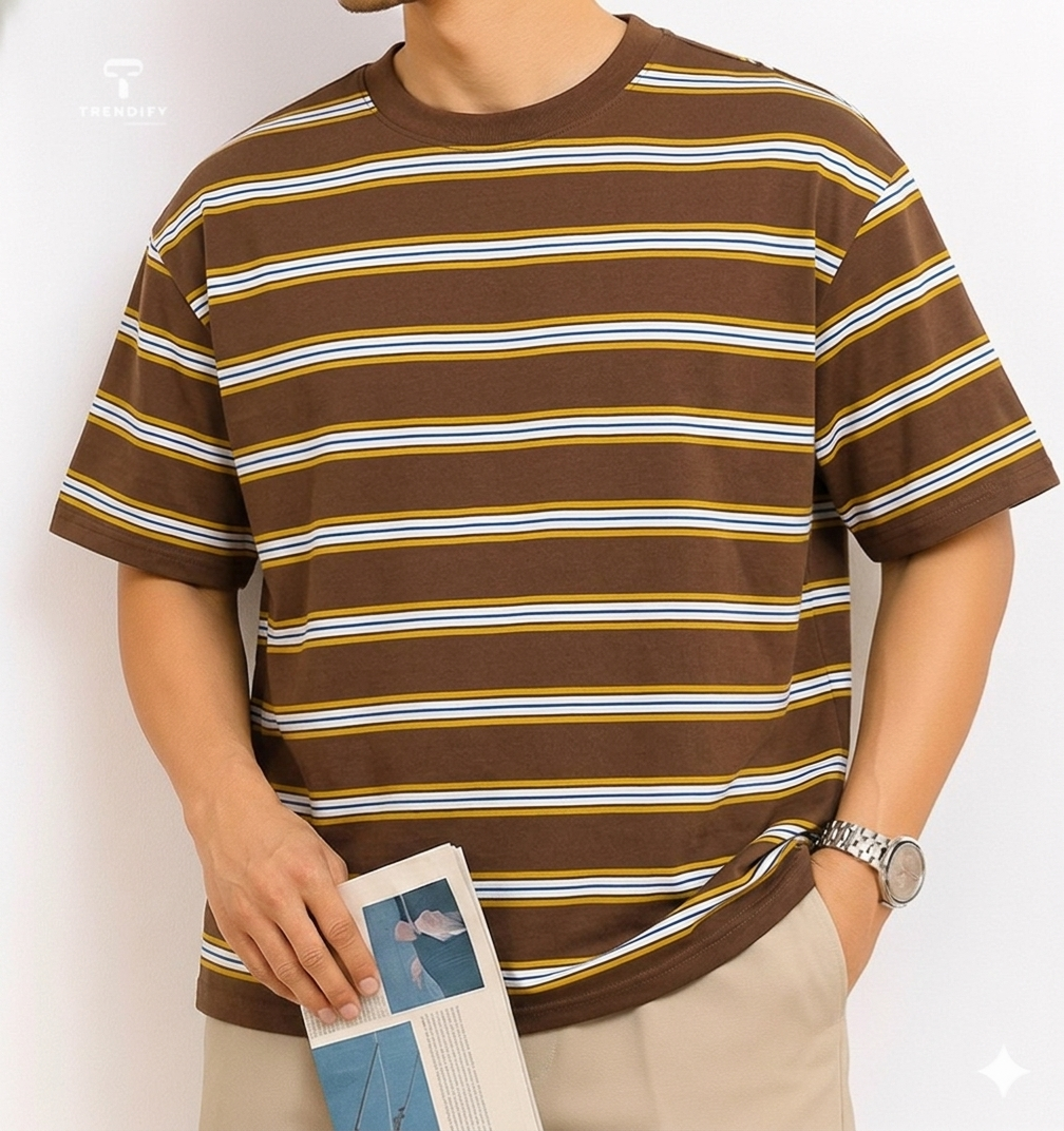 Linear Retro Drop Shoulder Tee - Coffee