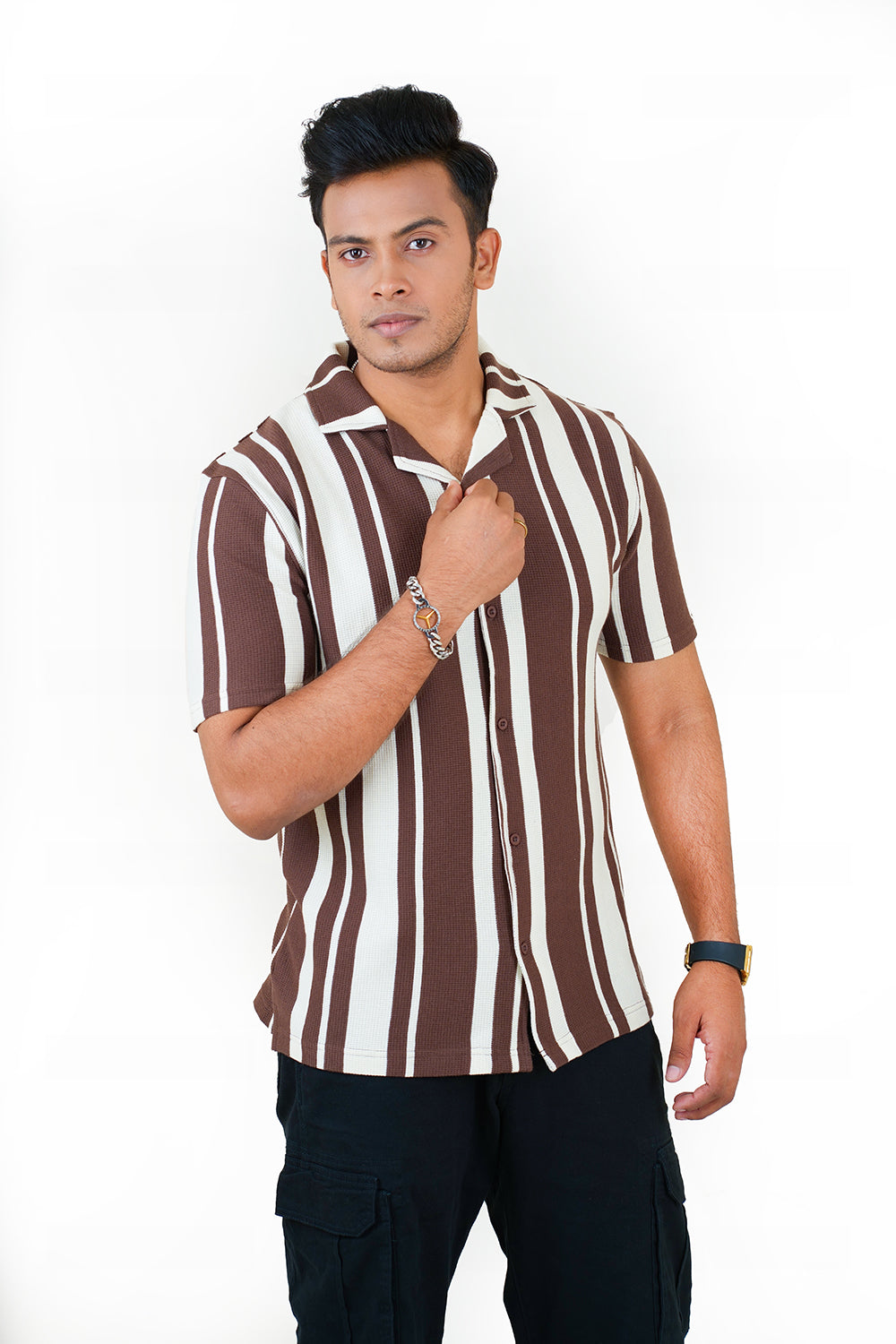 Waffle Stripe Short Sleeve Shirt (Export Quality) - Coffee
