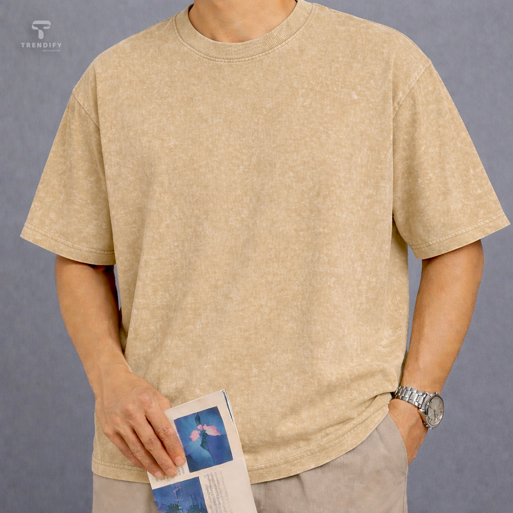 Beige - Acid Wash Drop Shoulder T-shirt