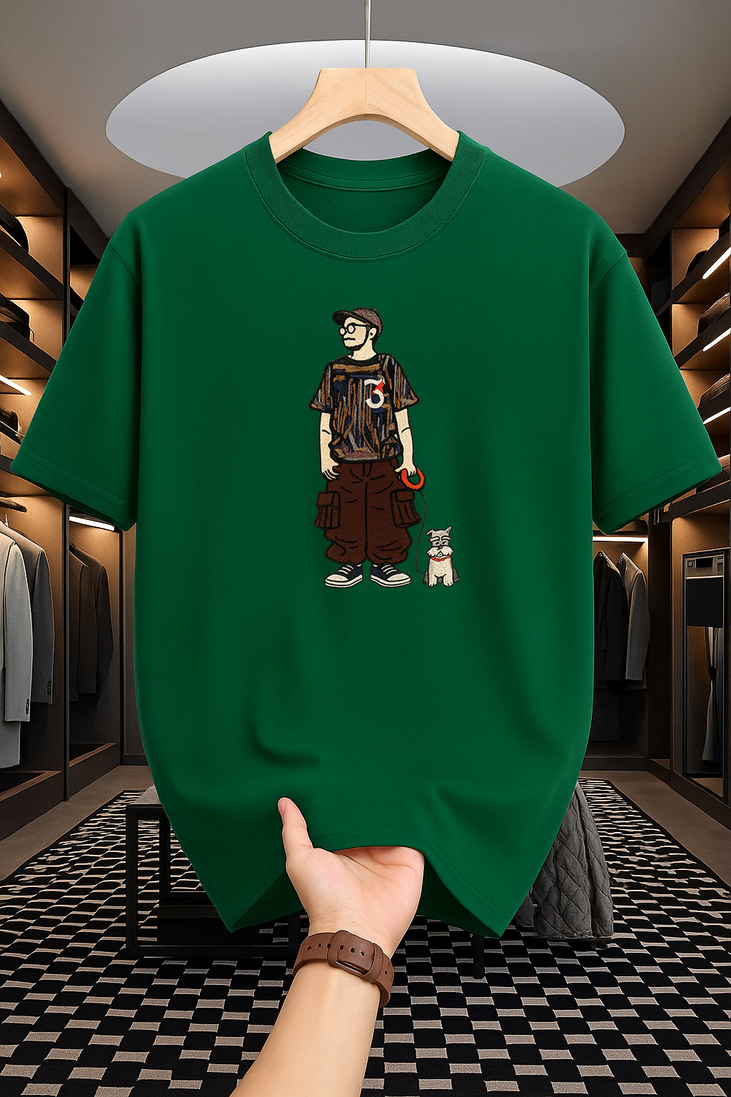 Drop Shoulder Green T-Shirt - Design with Dog