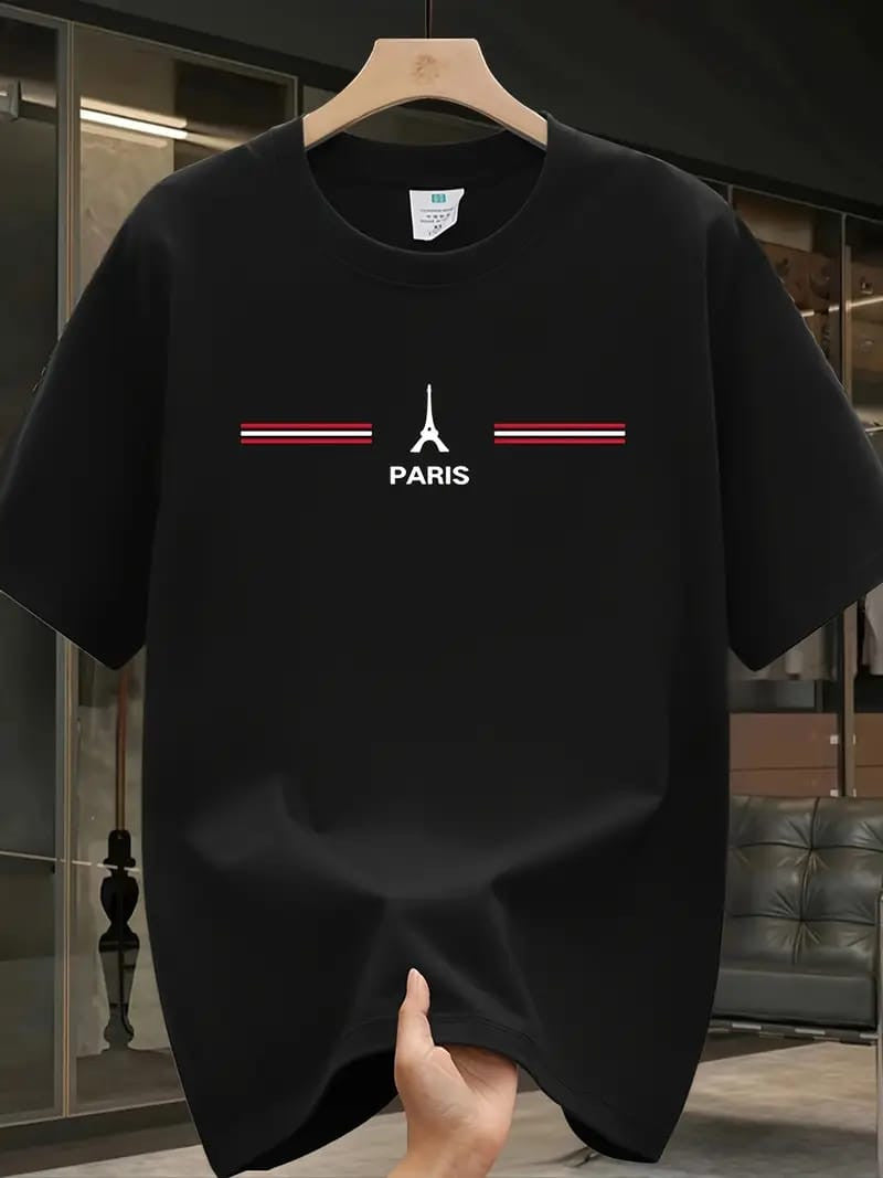 Drop Shoulder Black T-Shirt - Paris (New Eiffel Tower) Design