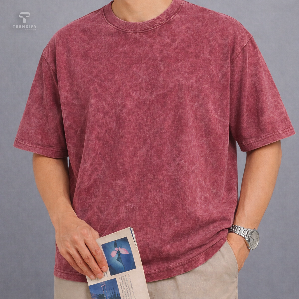 Maroon - Acid Wash Drop Shoulder T-shirt