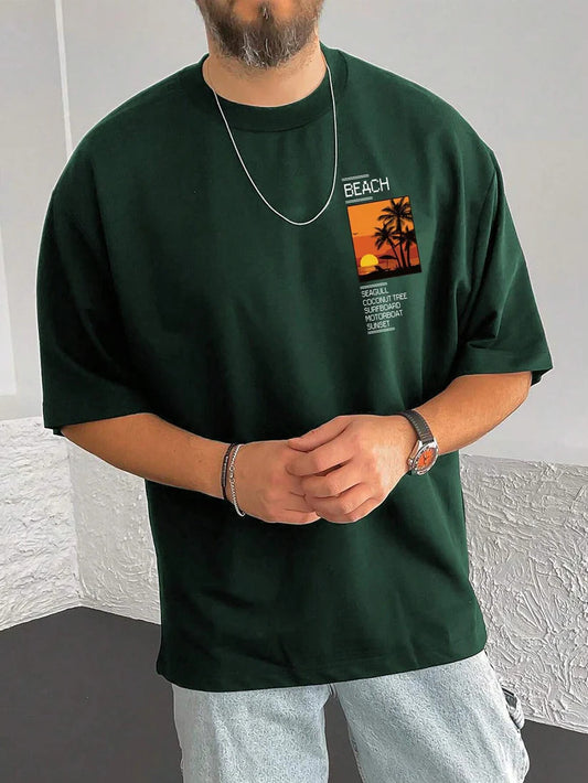 Drop Shoulder Green T-Shirt -  Beach Design