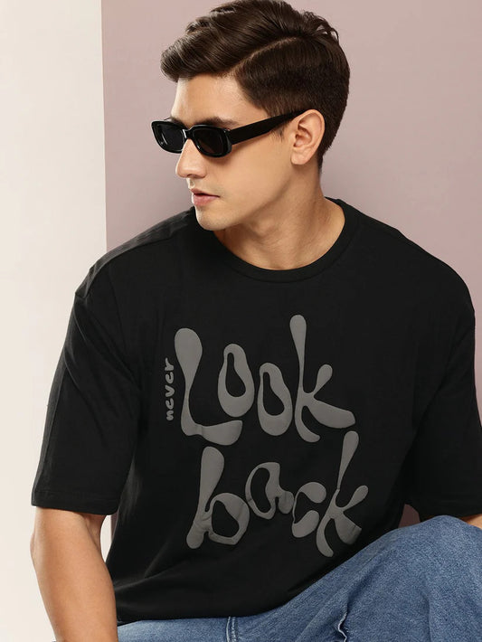Drop Shoulder Black T-Shirt - Look Back Design