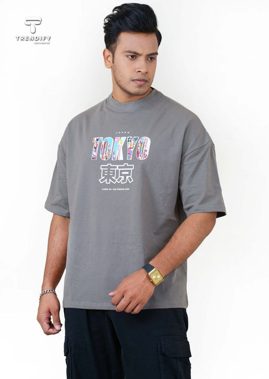 Drop Shoulder Silver Color T-Shirt -  Tokyo Design