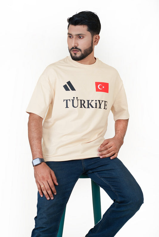 Drop Shoulder Beige T-Shirt - Turkiye Design