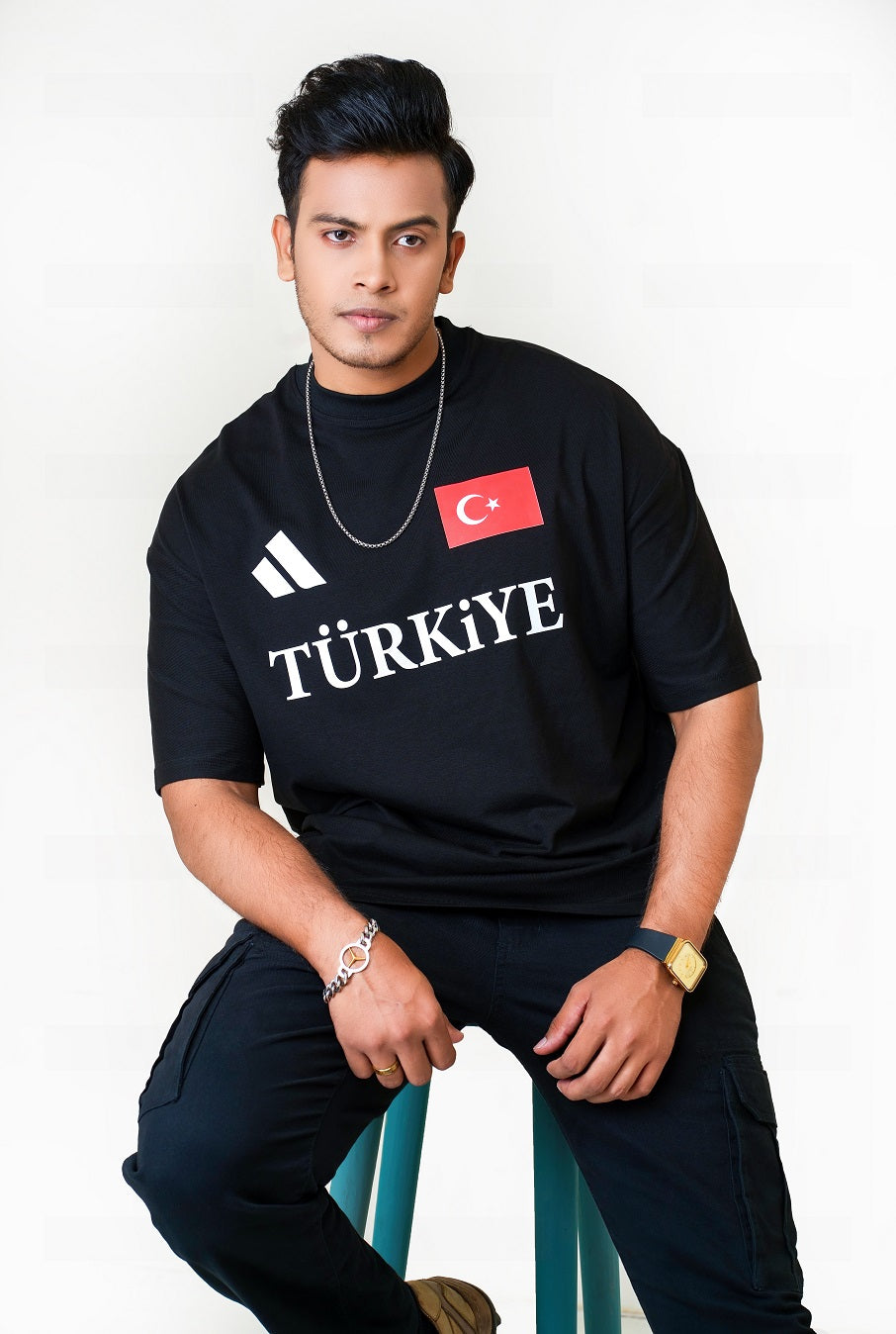 Drop Shoulder Black T-Shirt - Turkiye Design