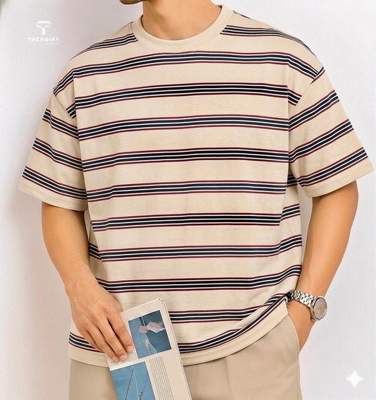 Linear Retro Drop Shoulder Tee - Beige