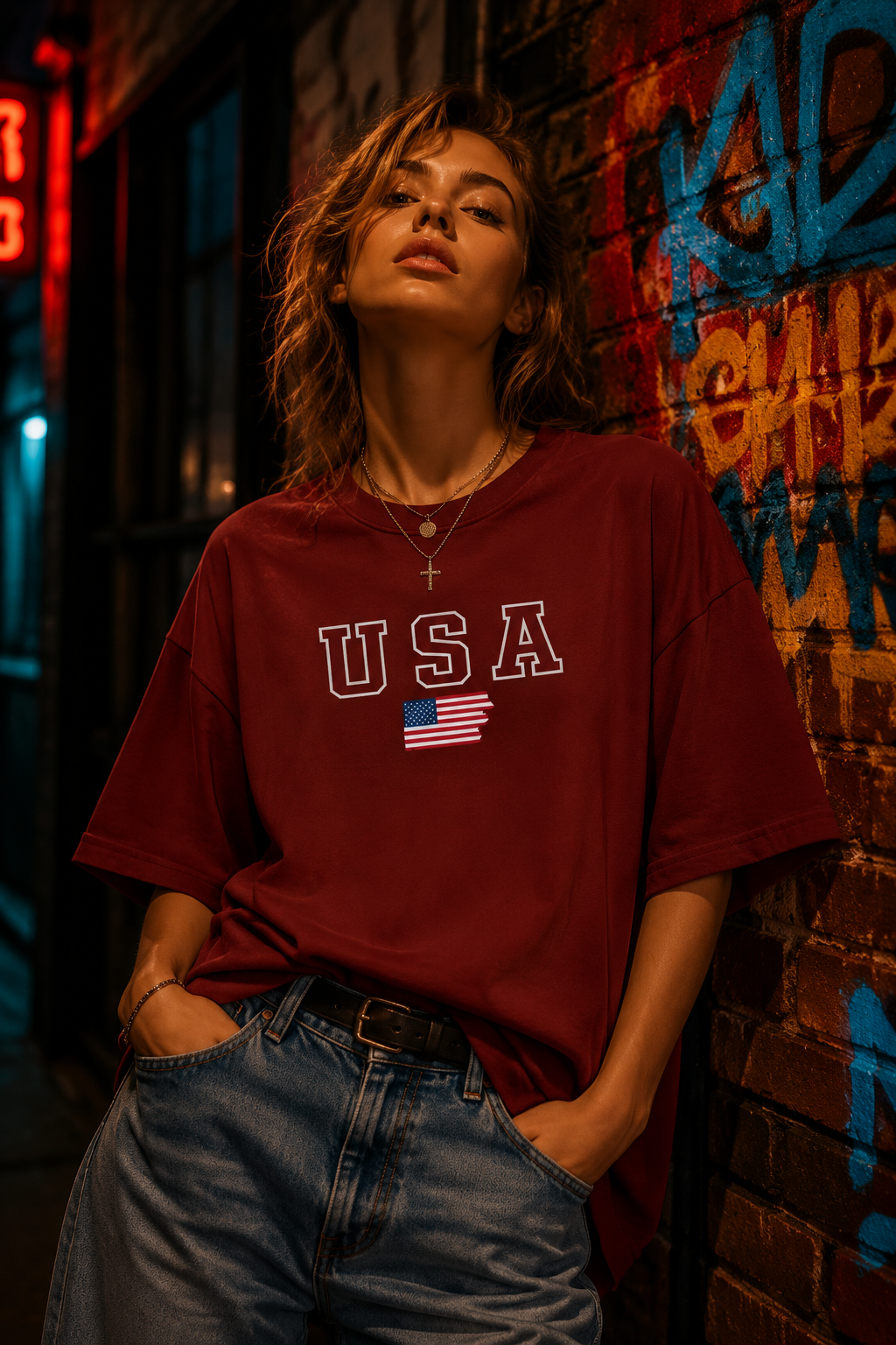 Ladies Drop Shoulder Maroon T-Shirt - USA Design