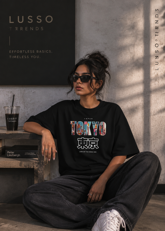 Ladies Drop Shoulder Black T-Shirt - Design Tokyo