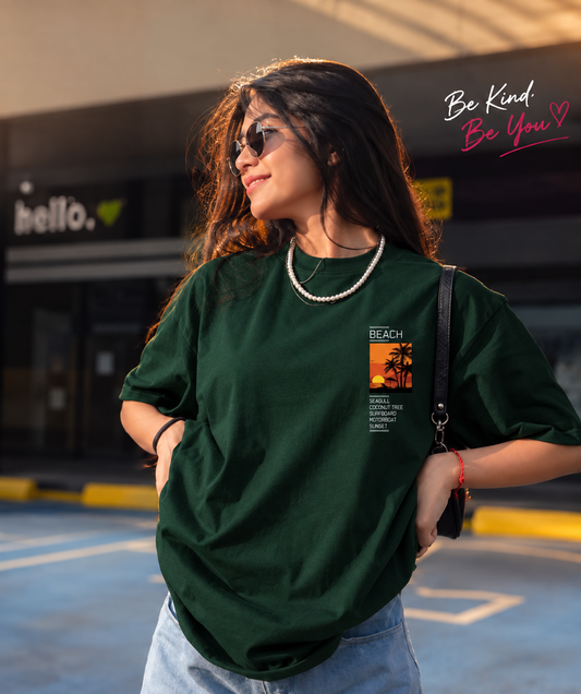 Ladies Drop Shoulder Green T-Shirt - Design Beach