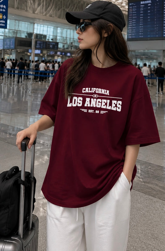 Ladies Drop Shoulder Maroon T-Shirt - Design Los Angeles