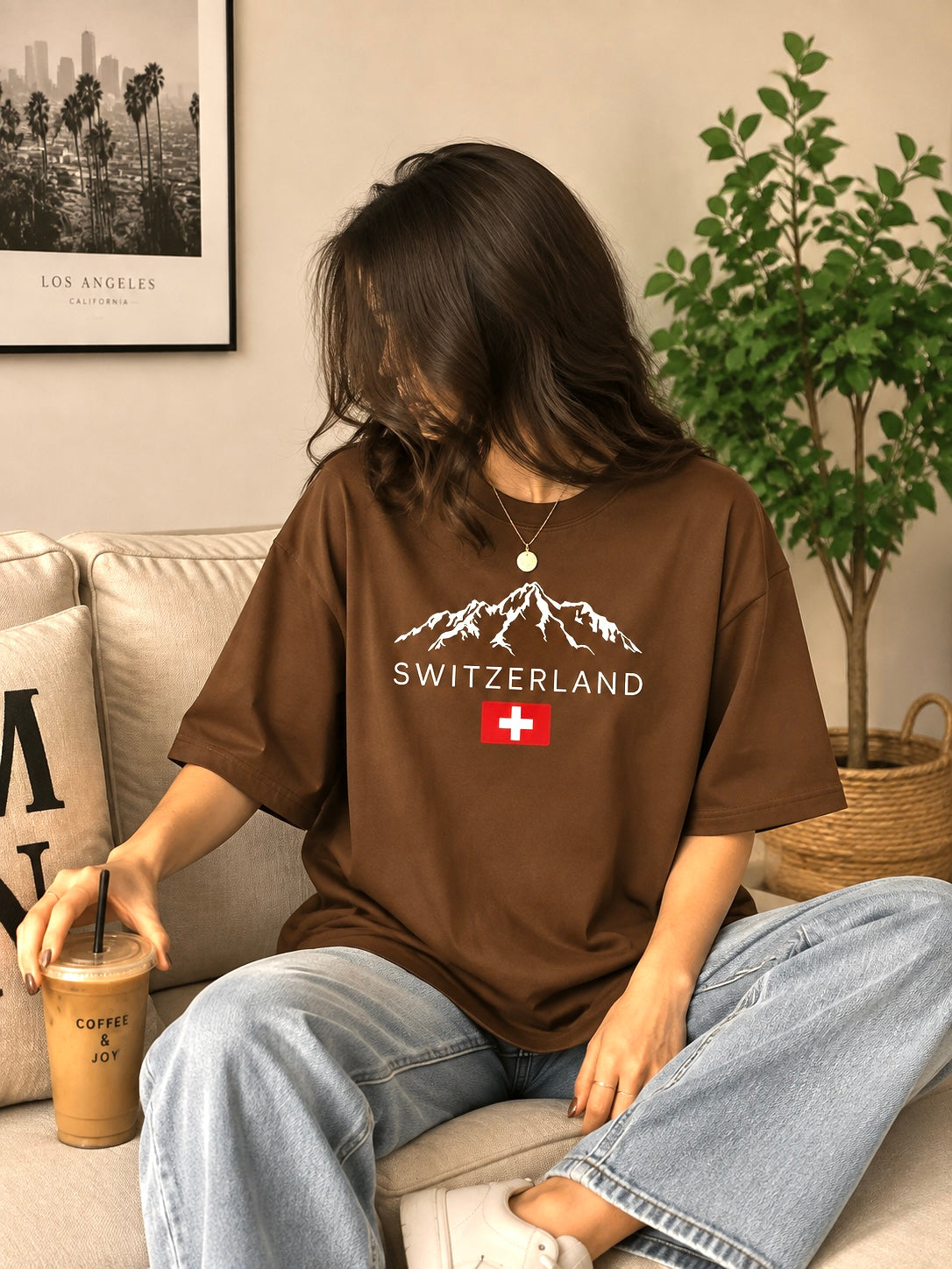 Ladies Drop Shoulder Coffee T-Shirt - Design Switzerland