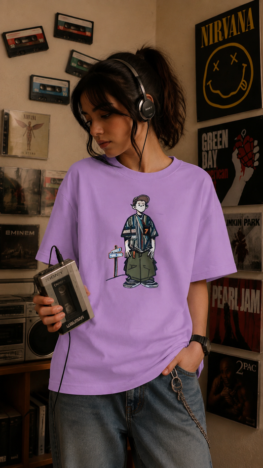 Ladies Drop Shoulder Lavender Color T-Shirt - Design Cartoon