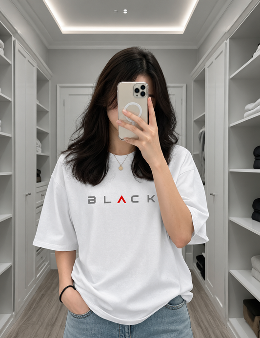 Ladies Drop Shoulder white T-Shirt - Design Black