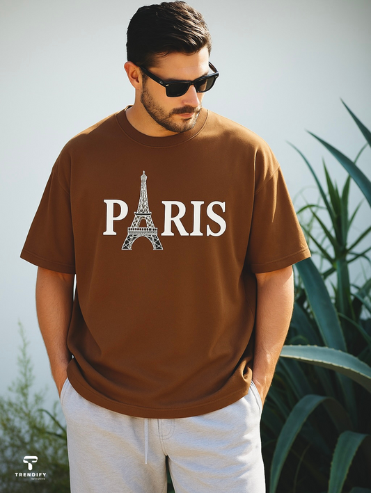 Drop Shoulder Coffee T-Shirt - Paris(Eiffel Tower) Design