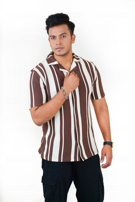 Waffle Stripe Short Sleeve Shirt (Export Quality) - Coffee