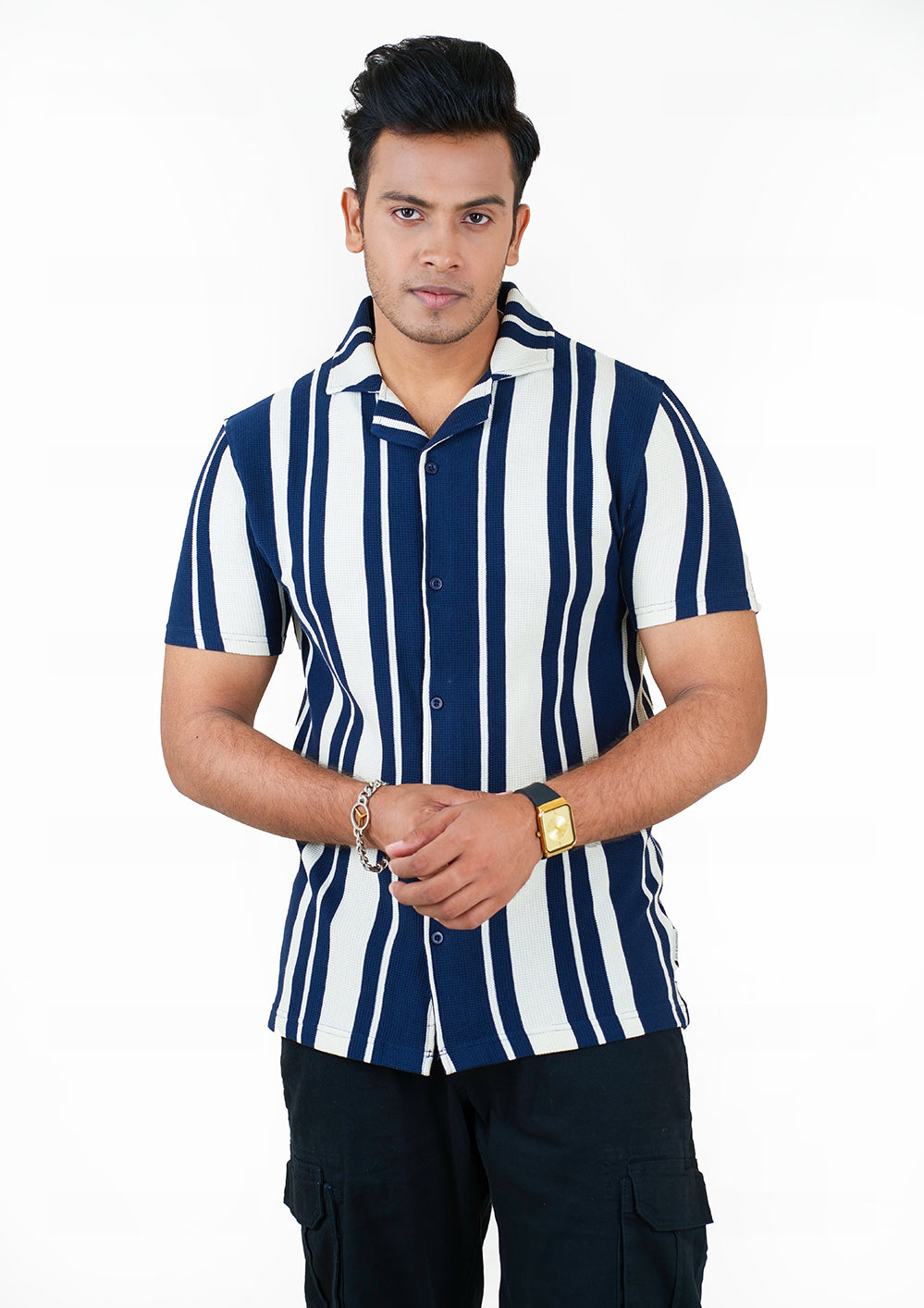 Waffle Stripe Short Sleeve Shirt (Export Quality) - Navy
