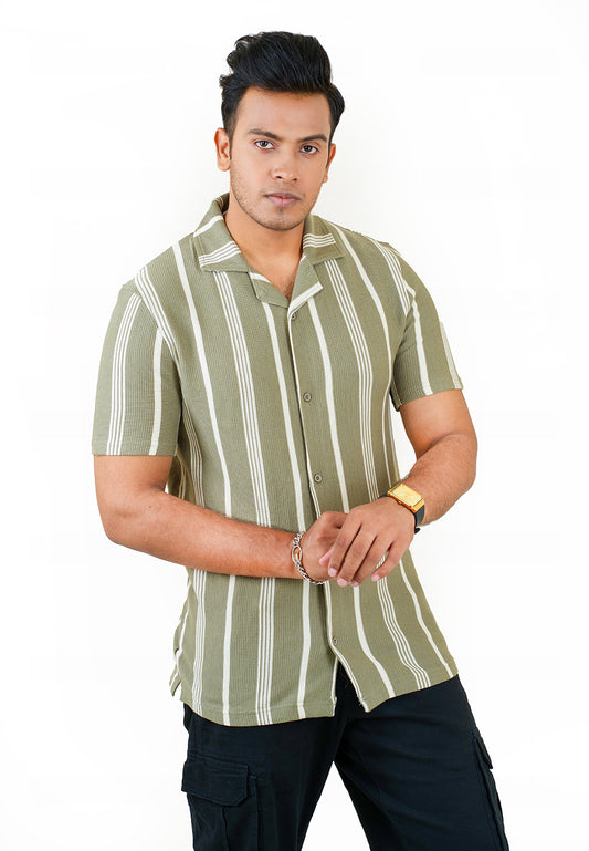 Waffle Stripe Short Sleeve Shirt (Export Quality) - Olive