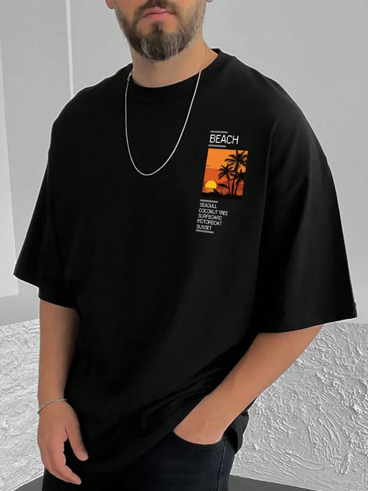 Drop Shoulder Black T-Shirt - Beach Design