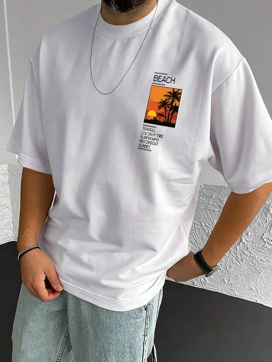 Drop Shoulder White T-Shirt - Beach Design