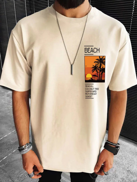 Drop Shoulder Beige T-Shirt - Beach Design