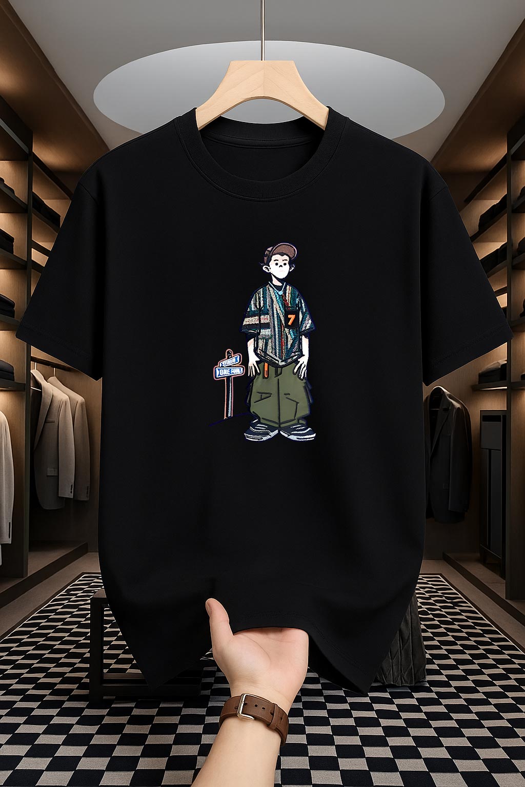 Drop Shoulder Black T-Shirt - Cartoon Design