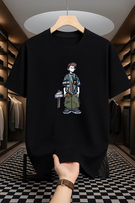 Drop Shoulder Black T-Shirt - Cartoon Design