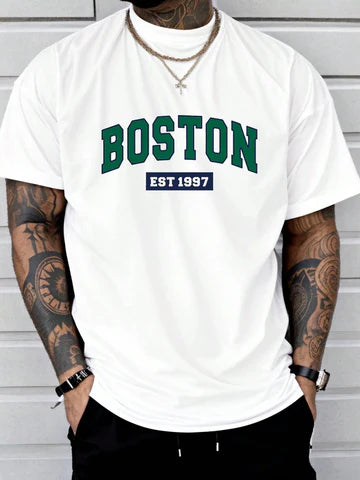 Drop Shoulder Print T-Shirt - Boston Design