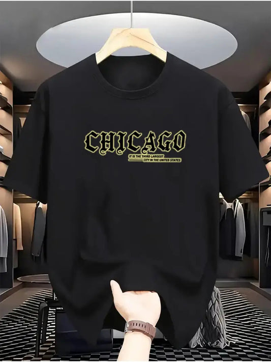Drop Shoulder Black T-Shirt - Chicago Design