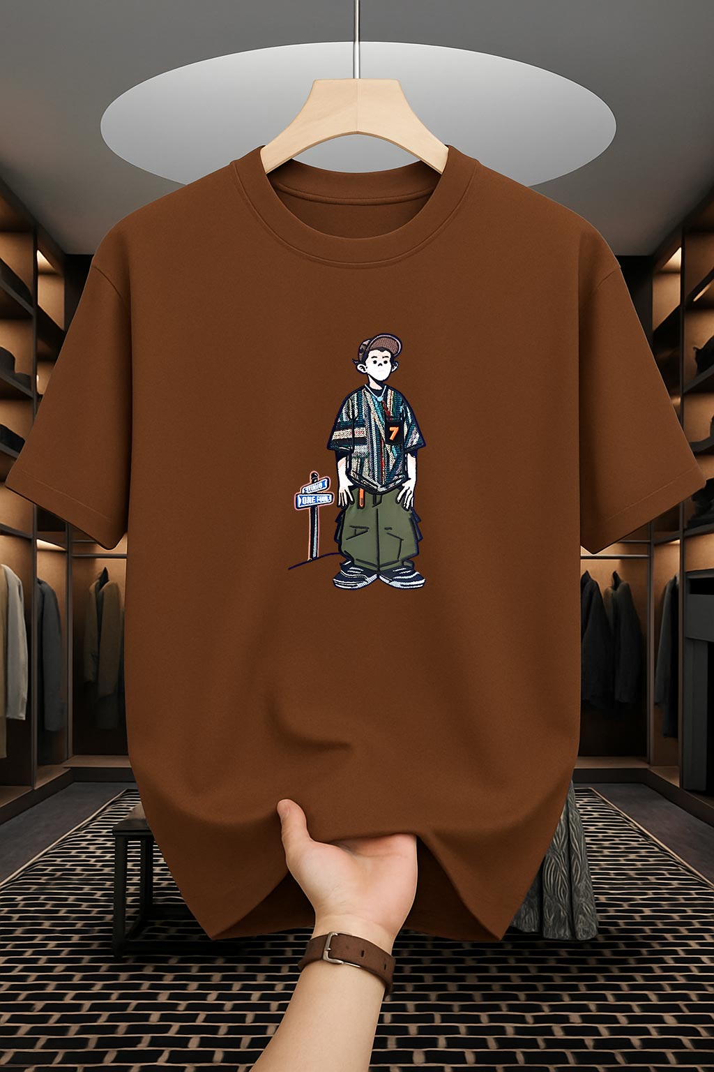 Drop Shoulder Coffee T-Shirt - Cartoon Design