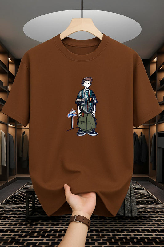 Drop Shoulder Coffee T-Shirt - Cartoon Design