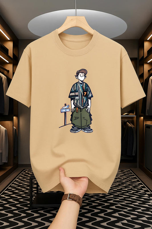 Drop Shoulder Beige T-Shirt  - Cartoon Design