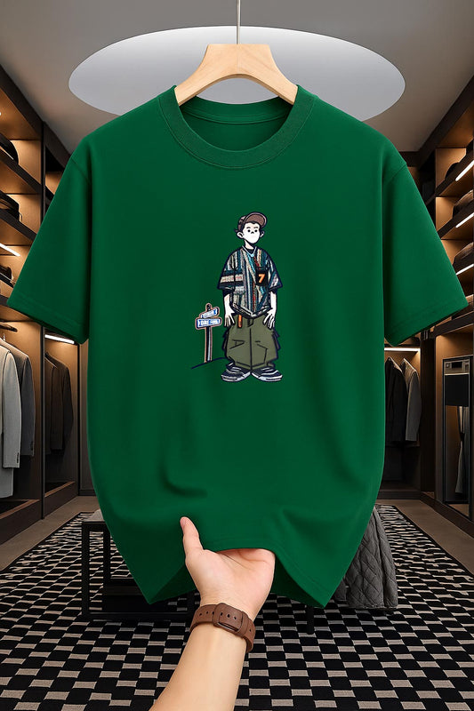Drop Shoulder Green T-Shirt - Cartoon Design