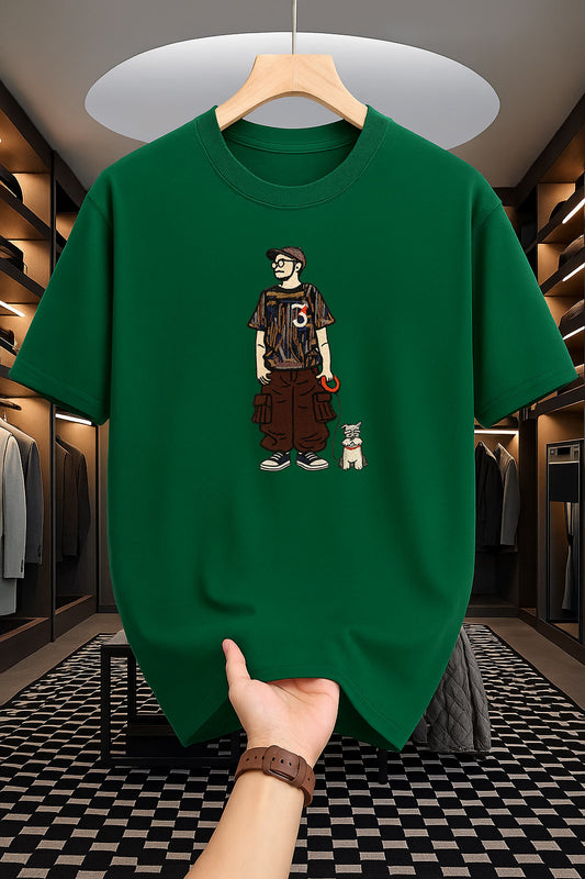 Drop Shoulder Green T-Shirt -  Design with Dog