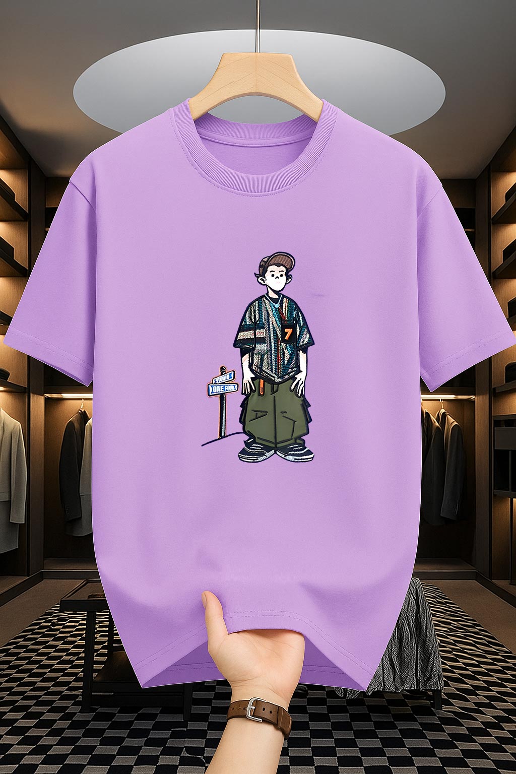Drop Shoulder Lavender T-Shirt - Cartoon Design