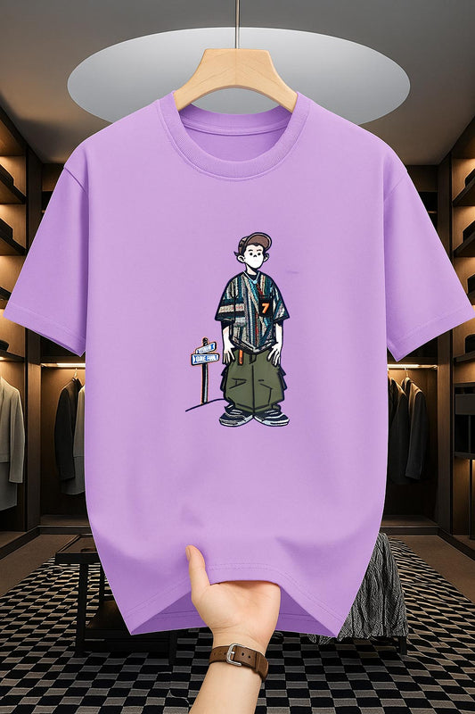 Drop Shoulder Lavender T-Shirt - Cartoon Design