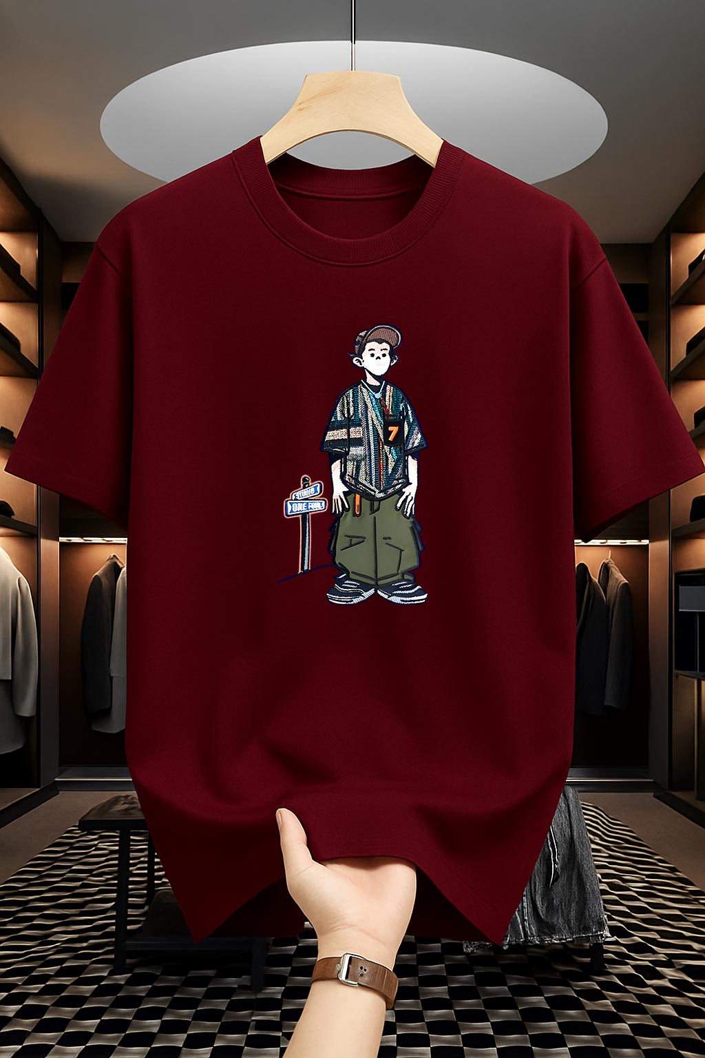 Drop Shoulder Maroon T-Shirt - Cartoon Design