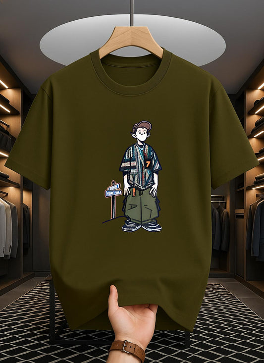 Drop Shoulder Olive Color T-Shirt - Cartoon Design