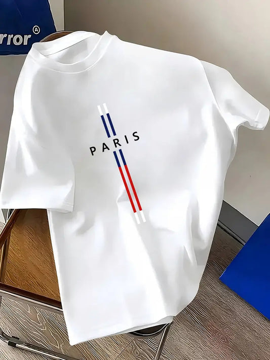 Drop Shoulder White T-Shirt - Paris(Flag) Design