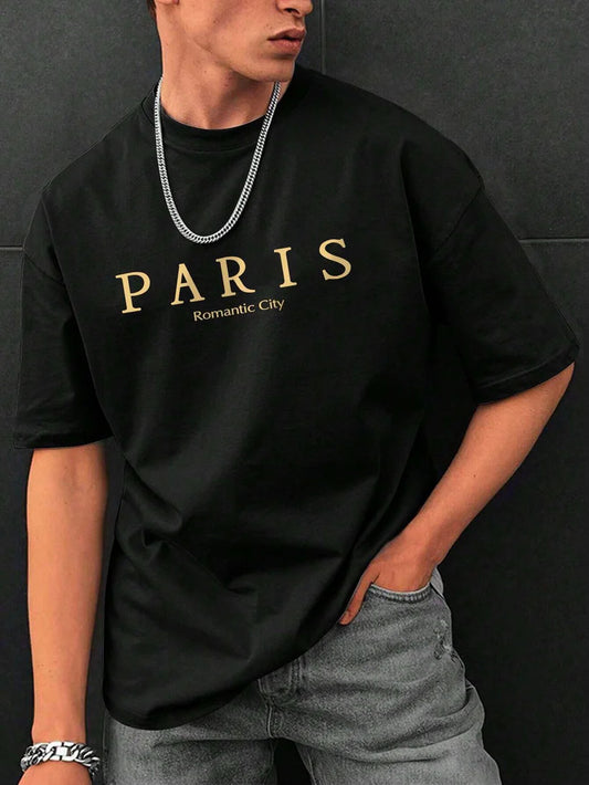 Drop Shoulder Black T-Shirt - Paris (Romantic city) Design