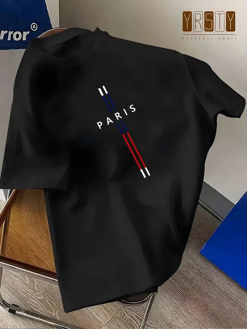 Drop Shoulder Black T-Shirt - Paris (Flag) Design
