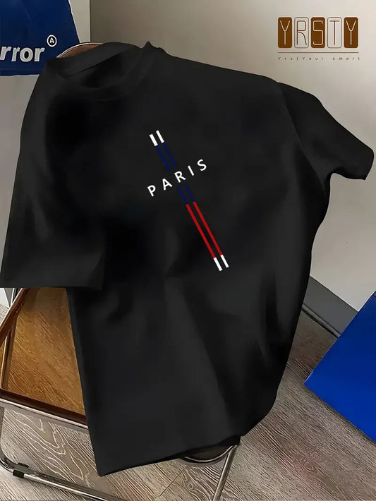 Drop Shoulder Black T-Shirt - Paris (Flag) Design