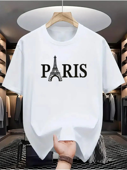 Drop Shoulder White T-Shirt - Paris(Eiffel Tower) Design