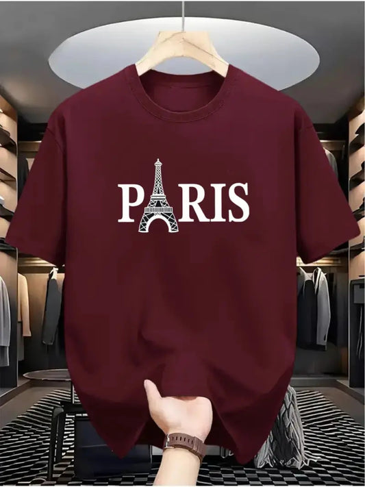 Drop Shoulder Maroon T-Shirt - Paris (Eiffel Tower) Design