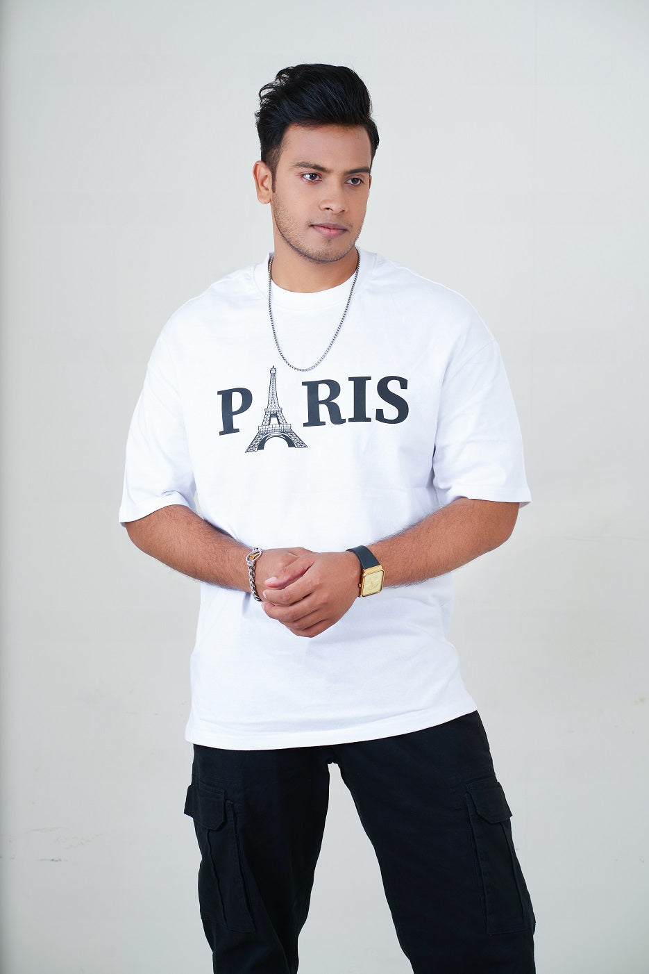 Drop Shoulder White T-Shirt - Paris(Eiffel Tower) Design