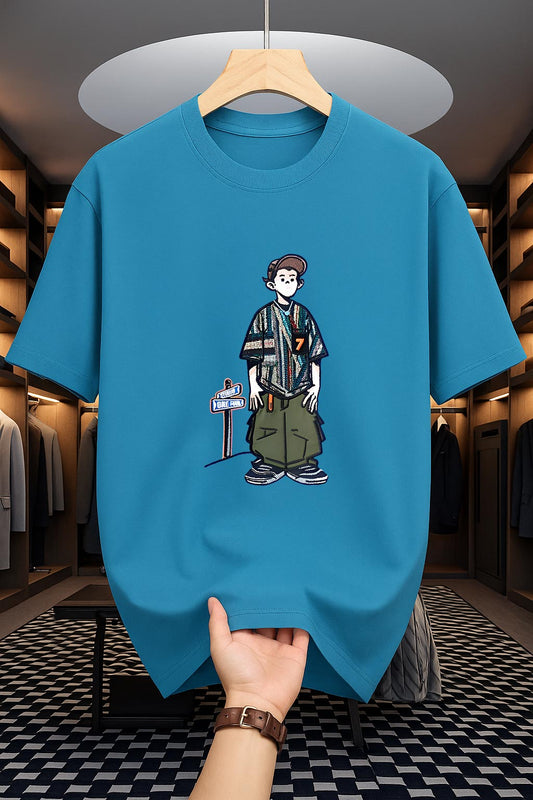 Drop Shoulder Pertol colour T-Shirt - Cartoon Design