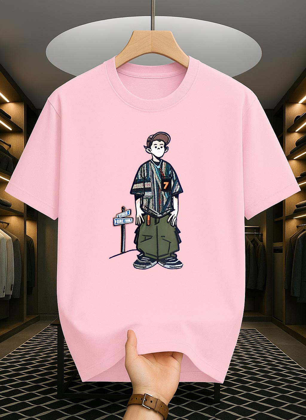 Drop Shoulder Pink T-Shirt - Cartoon Design