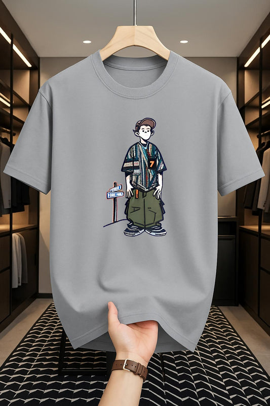 Drop Shoulder Silver Color T-Shirt - Cartoon Design